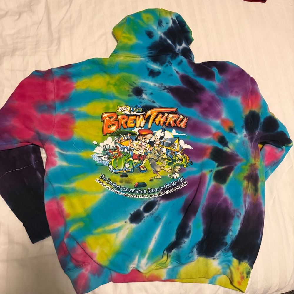 Brew Thru Outer Banks 2024 Tie Dye Hoodie Sweatshirt Mens XL OBX Graphic Multi - Picture 2 of 4